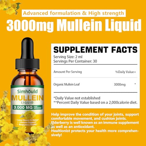 Simhould - 2 Pack Tintura de Mullein – 3000mg Extrato de Folha de Mullein Orgânico para Desintoxicação Pulmonar e Saúde Respiratória, Suplemento Natural, Suporte Digestivo e Impulsionador Imunológico, Marca X