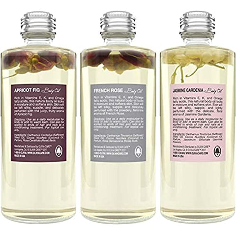 Óleos Corporais Olivia Care 3 Pack: Damasco Figos, Rosa Francesa, Jasmim Gardênia – Perfumes Naturais Para Mulheres