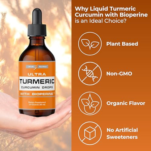 Ultra6 Nutrition - Curcuma Líquida com Pimenta Preta – Suplemento Orgânico de Curcuma com Bioperina para Suporte Articular – Gotas de Curcuma para Absorção Máxima – Fabricado nos EUA – 60ml