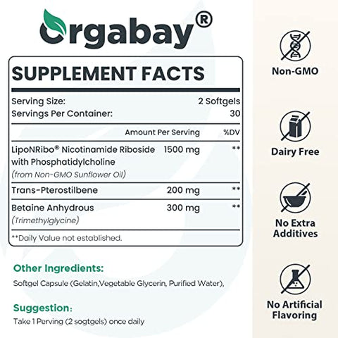 Orgabay - Liposomal Nicotinamida Ribosídeo 2000 MG com TMG e Pterostilbeno, Aumentando NAD, Apoio ao Envelhecimento Saudável, 480 Unidades