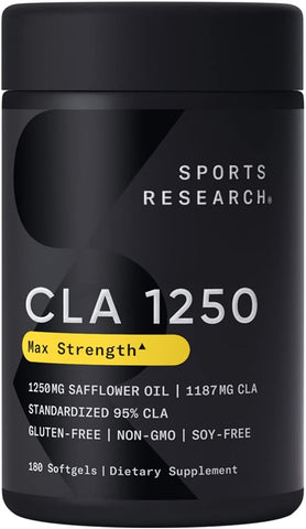 CLA 1250mg com Ácido Linoleico Conjugado Ativo para Homens e Mulheres | Não-OGM, Soja | 1250mg CLA Ativo | Não-OGM, Soja | 1250mg CLA Ativo | Homens e Mulheres | Não-OGM, Soja - Sports Research