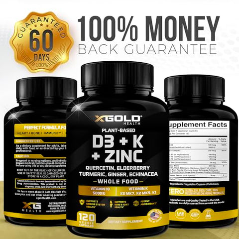 X Gold Health - Vitamina D, K2, K1, Zinco, Quercetina, Sabugueiro, Cúrcuma, Gengibre  – Fórmula Potente para Saúde