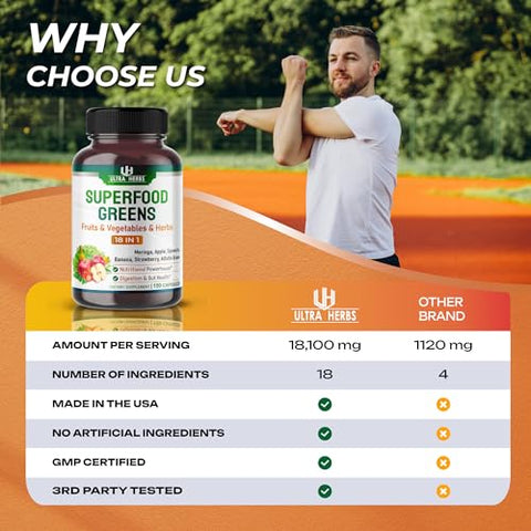 ULTRA HERBS - Superfood Greens 18 IN 1 – 18,100mg com Frutas | Potência de 18 Super Alimentos | Marca: Superfood Greens