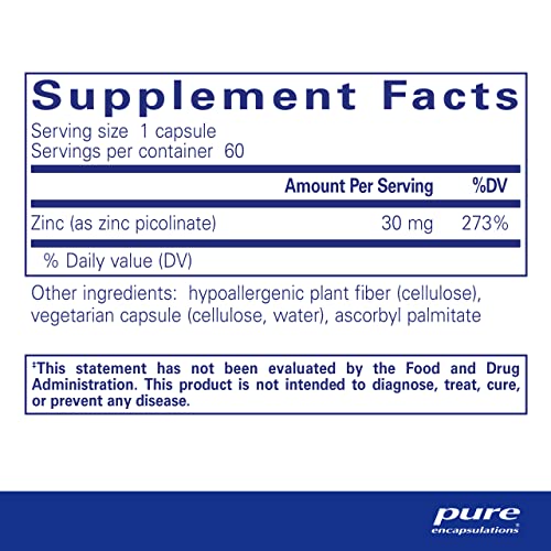 Zinc 30 mg – Suporte ao Sistema Imunológico – Absorção Altamente Eficiente – Picolinato de Zinco – 60 Cápsulas - Pure Encapsulations