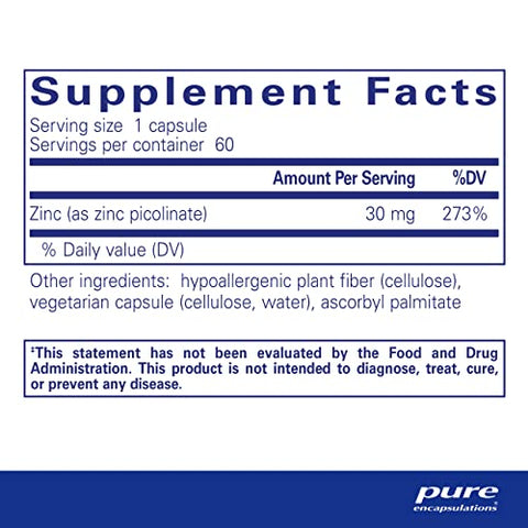 Zinc 30 mg – Suporte ao Sistema Imunológico – Absorção Altamente Eficiente – Picolinato de Zinco – 60 Cápsulas - Pure Encapsulations