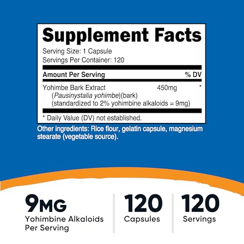 Extrato de Casca de Yohimbe 450mg (9mg Alcaloides de Yohimbina), 120 Cápsulas – Extra Forte, Sem Glúten, Não-OGM - Nutricost