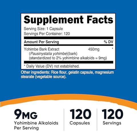 Extrato de Casca de Yohimbe 450mg (9mg Alcaloides de Yohimbina), 120 Cápsulas – Extra Forte, Sem Glúten, Não-OGM - Nutricost