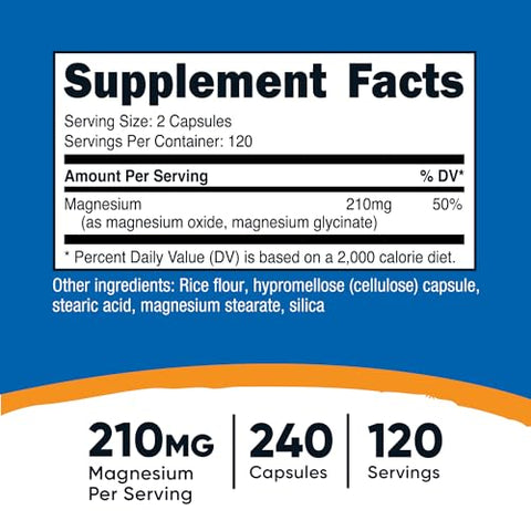 Magnésio Regular Strength (210mg, 240 Cápsulas) – 120 Porções, Óxido de Magnésio e Glicinato de Magnésio, Não-OGM, Sem Glúten, Amigável para Veganos - Nutricost