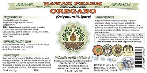 Oregano Extrato Líquido Sem Álcool, Oregano Orgânico (Origanum vulgare) Folha Seca Glicerito Suplemento Herbal Natural, Hawaii Pharm, EUA 2×60 ml