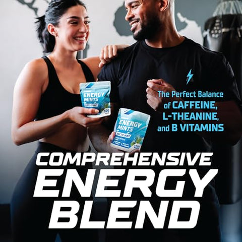 GYMGUM - Energy Caffeine Mints | Menta Energética com Cafeína, L-teanina e Vitaminas do Complexo B | Menta Cafeinada com 60mg de Cafeína por Porção | Deliciosas Mentas Energéticas Sem Açúcar | (Menta Ártica, 100 Unidades)
