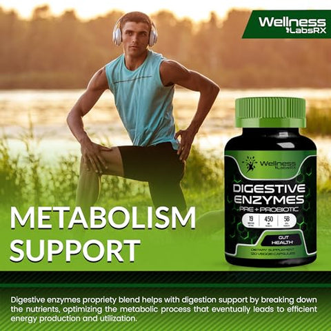 WELLNESS LABSRX - Enzimas Digestivas com Probióticos e Prebióticos – 450mg – 5 Bilhões de UFCs – Cápsulas de Super Enzimas Pura para Digestão – Enzimas Digestivas para Mulheres