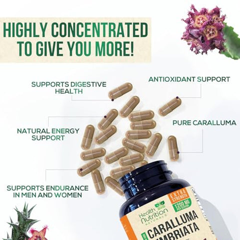 Health Nutrition Naturals - Caralluma Fimbriata Extract 1200mg – Cápsulas de Caralluma Fimbriata Natural de Força Máxima para Suporte de Resistência, Melhores Cápsulas Veganas para Mulheres e Homens – 240 Cápsulas