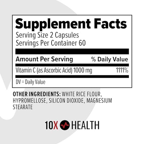 10X Health System - 10X Health – Suplemento de Vitamina C 1000mg para Suporte Imunológico – Ácido Ascórbico – Ótimo para Recuperação Tecidual