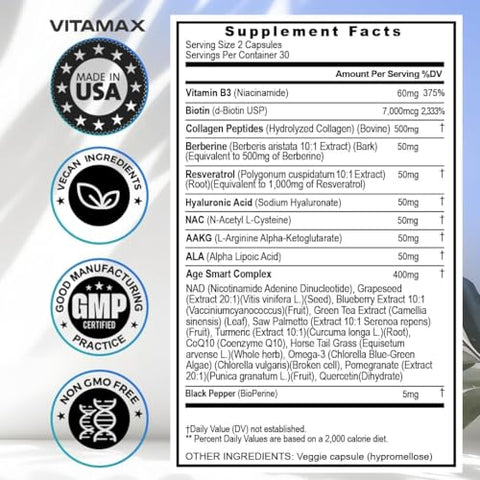 Vitamax - Resveratrol NAD Berberina Ácido Hialurônico – Biotina Uva | 30g