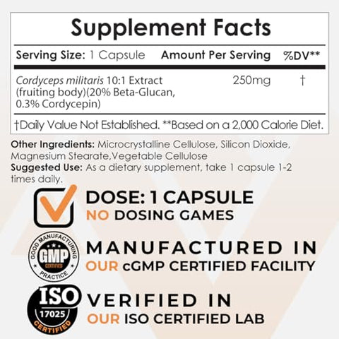 Cápsulas de Cordyceps Mushroom Nootropics Depot | Extrato 10:1 do Corpo Frutífero Inteiro | 250mg | 60 Unidades | Cordyceps militaris