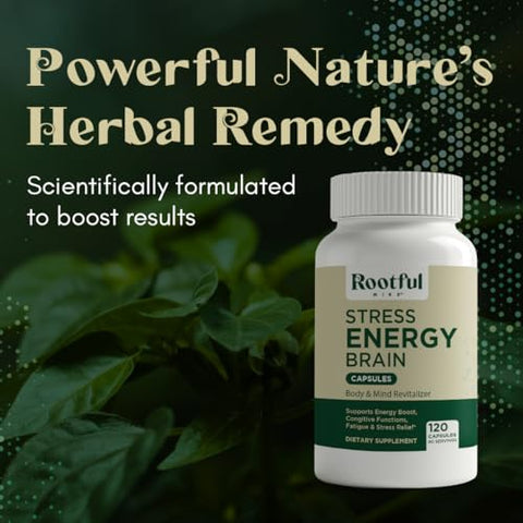 Rootful Mind - Stress Energy Brain – Suplemento Energético com Cortisol, Suporte para Estresse e Energia – Rhodiola Rosea, Lions Mane, L Theanine, Ginkgo Biloba, Cardo Mariano, Ferro – 120 Cápsulas