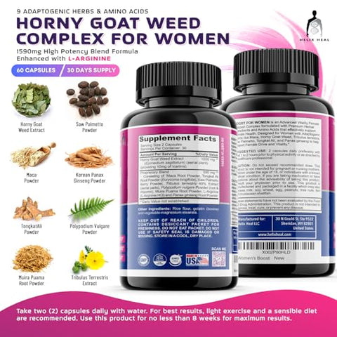 Helix Heal - Potente Estimulante de Libido Feminino – Suplemento para Mulheres com Ação Rápida – Hornygoatweed, Maca, Tribulus Terrestris e Ginseng – 60 cápsulas