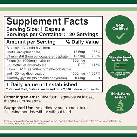 Double Wood Supplements - Methylated Multivitamin – Complexo B Metilado com TMG e Metilfolato (Suplemento MTHFR sem OGM, Sem Glúten) 120 cápsulas