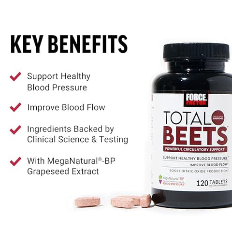 Total Beets: Suporte para Pressão Arterial com Extrato de Semente de Uva e Pó de Beterraba Não-OGM para Saúde Cardíaca e Circulação - Force Factor