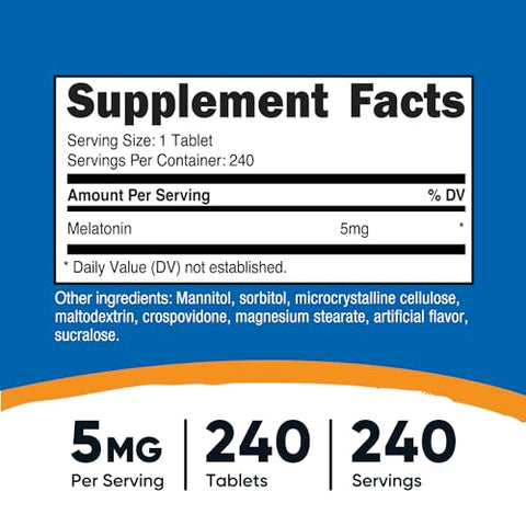 Melatonina 5mg, 240 Comprimidos de Dissolução Rápida (Sabor de Frutas Vermelhas) – Sem OGM, Sem Glúten - Nutricost