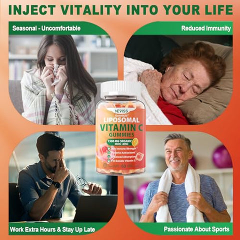 NEVISS - Vitamina C Lipossomal 1000mg Gomas para Adultos – Mastigável de Vitamina C 1500mg com Ferro 8mg, Zinco