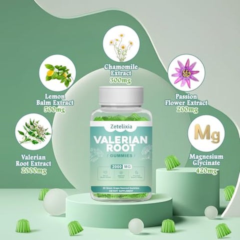 Zetelixia - Gomas de Raiz de Valeriana Orgânica 2000mg, Glicinato de Magnésio 420mg, Melissa, Camomila, Passiflora – Relaxante Natural