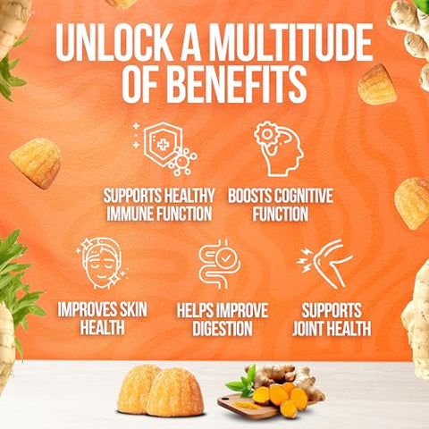 BeElevated - Gomas de Cúrcuma para Adultos – Extrato 8:1 2000mg – Pimenta Preta e Gengibre para Suporte Articular – Vitaminas Vegetarianas Mastigáveis – Sabor Pêssego