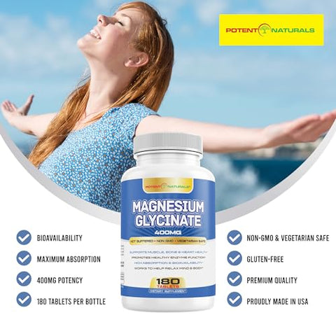 POTENT NATURALS - Magnésio Glicinato 400mg 180 Comprimidos – Fórmula de Absorção Suave Não Laxante – Suplemento Mineral Amigável ao Glúten e Não Transgênico para Homens – Testado por Terceiros, Sem Preenchedores