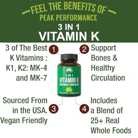 Peak Performance - Vitamina K com Mistura de 25 Vegetais e Frutas para Máxima Absorção. Cápsulas Veganas de Suplemento. Vitaminas K1, K-2 MK4 K2 Natto MK7. Alternativa a Gotas, Gomas