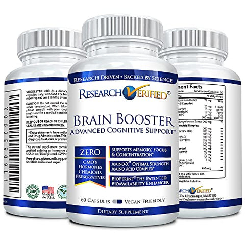 Research Verified - Brain Booster – Suplemento Nootrópico para Aumentar a Função Cognitiva – 180 Cápsulas Veganas Amigáveis – 3 Frascos