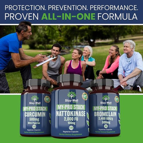 Stay-Well Naturals - Suplemento de Suporte, Nattokinase 2000 FU 100mg, Bromelina 500mg, Curcumina 500mg, Fornecimento de 60 Dias, Protocolo Completo de Nattokinase Bromelina Curcumina (Conjunto de 3 Frascos)