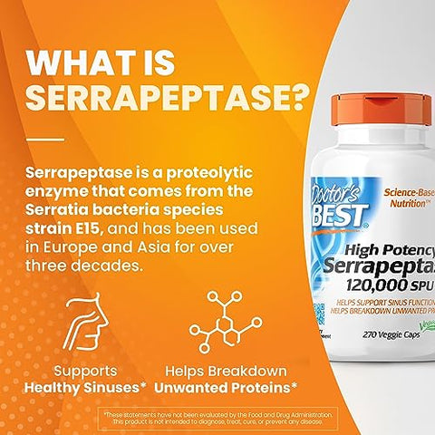 Doctor's BEST - Doctor’s Best Serrapeptase de Alta Potência – Suporte para Seios Saudáveis e Sistema Imunológico Forte – Não-OGM, Sem Glúten, Vegano – 120.000 SPU, 270 Cápsulas Vegetais