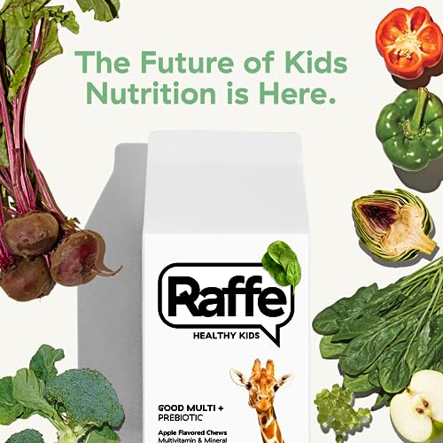 Kids Vitamins com Prebióticos – Multivitamínico Infantil Mastigável sem Açúcar com 50mg de Ômega 3 DHA, 3g de Fibra, Ferro - Raffe