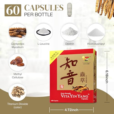 Yin Yang – Cápsulas de Cordyceps Mycelium – Energia, Imunidade e Alívio do Estresse – 60 cápsulas - Vita Green