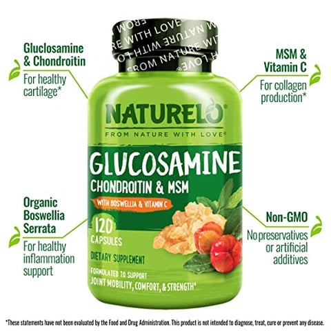 Glucosamina Condroitina MSM com Boswellia e Vitamina C – Suplemento para Suporte das Articulações – 120 Cápsulas - NATURELO