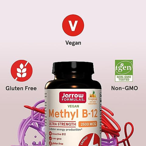 Ultra Strength Methyl B-12 – 100 Tabletes Mastigáveis com Sabor Tropical para Energia Celular – Até 100 Dias de Fornecimento - Jarrow Formulas