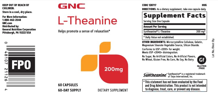 L-Theanine 200mg – 60 Cápsulas (60 Porções) – Aumente a Calma e o Foco - GNC