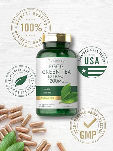 Extrato de Chá Verde EGCG | 1200mg | 200 Cápsulas | Livre de Transgênicos e Glúten - Carlyle