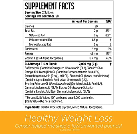 NDS Nutrition – Queimador de Gordura e Modelador Corporal com CLA, Óleo de Peixe, Cártamo e Mistura de Ômega 3-6-9 – Suplemento Dietético para Energia e Saúde (90 Softgels) - Censor