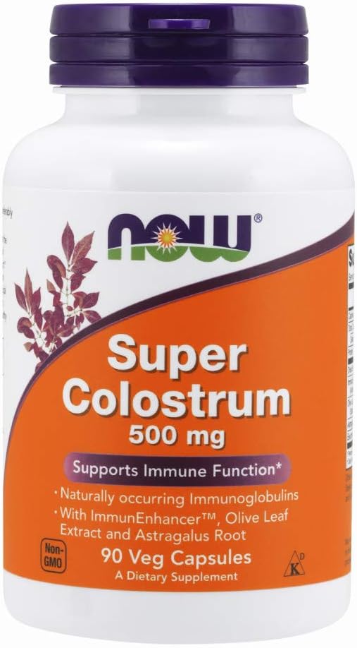 Suplementos, Super Colostrum 500 mg, Imunoglobulinas naturalmente presentes com ImmunEnhancer™, Extrato de Folha de Oliveira e Raiz de Astragalus, 90 Cápsulas Vegetais - NOW Foods