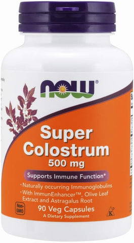 Suplementos, Super Colostrum 500 mg, Imunoglobulinas naturalmente presentes com ImmunEnhancer™, Extrato de Folha de Oliveira e Raiz de Astragalus, 90 Cápsulas Vegetais - NOW Foods