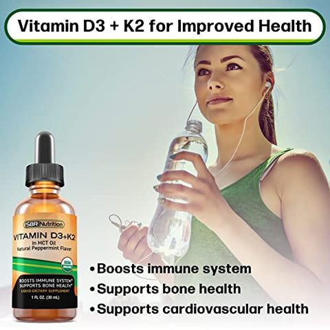 SBR Nutrition - MAX Absorption, Gotas Líquidas de Vitamina D3 K2 (MK-7) com Óleo de TCM, Sabor Menta, Fortalece os Ossos e Promove um Coração Saudável