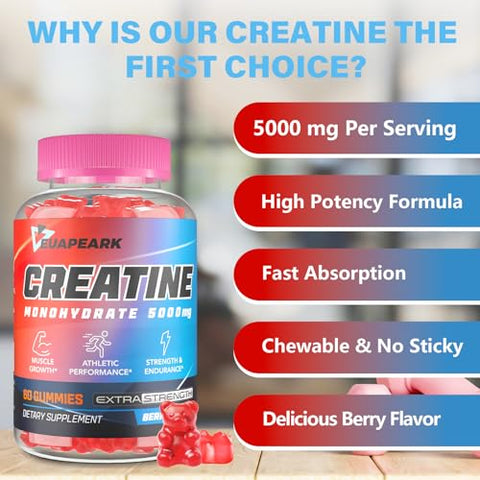 Euapeark - Gummies de Creatina Monohidratada para Mulheres, Pré-Treino de Creatina em Gummies, Taurina – Marca de Produto