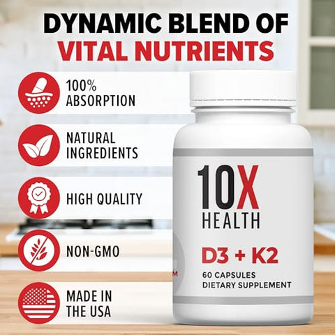 10X Health System - Vitamina D3 K2 10X Health – 125 mcg de Vitamina D e 90 mcg de Vitamina K (Menaquinona 7) – Suplementos D3 e K2 que Apoiam a Saúde Óssea, Cardíaca e Dental – 60 Cápsulas
