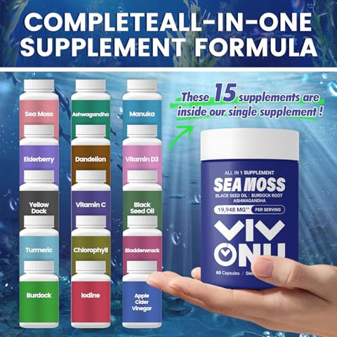 VivoNu - Óleo de Semente de Nigela, Ashwagandha, Shilajit, Gengibre e Cápsulas de Musgo do Mar com Bardana, Cúrcuma e Vitaminas C – 100% Natural e Potente