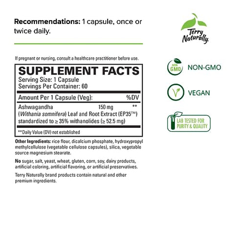 Ashwagandha EP35 Extra Strength – 60 Cápsulas, Pacote com 2 – Adaptógeno Poderoso – Não-OGM, Vegano – 120 Porções Totais - Terry Naturally