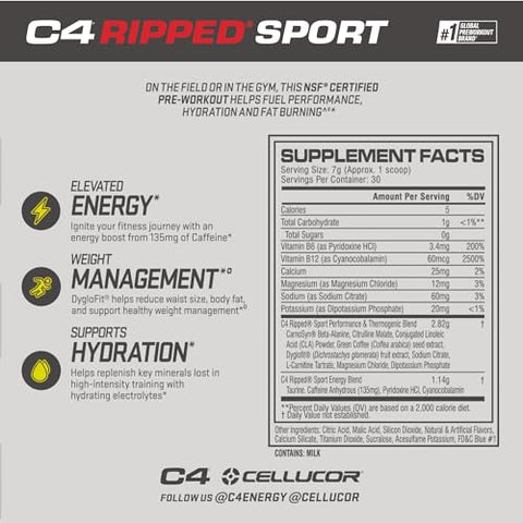 Cellucor - C4 Ripped Sport Pó Pré-Treino Arctic Snow Cone – Certificado NSF para Esportes Suplemento Energético Pré-Treino Sem Açúcar para Homens