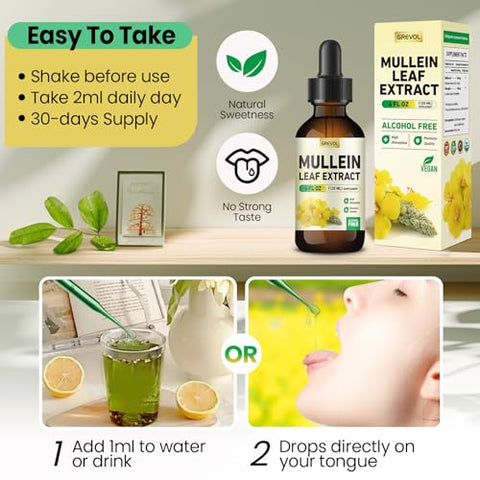 Grevol - Gotas de Verbascum para Suplemento Pulmonar: Extrato de Folha de Verbascum Orgânico 30:1 em Tintura com Clorofila – Suporte Herbal para Limpeza Pulmonar