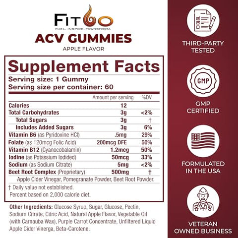 FIT60 - Gomas de Vinagre de Maçã Keto com A Mãe | Gomas de ACV Keto para Peso Saudável Avançado, Desintoxicação e Limpeza | Beterraba, Romã, Ácido Fólico, B6/B12, 60 Unidades Feitas em